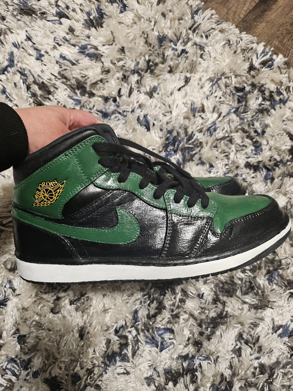 Custom Jordan Mid-Top Sneakers in Black and Green with Yellow Wings Logo